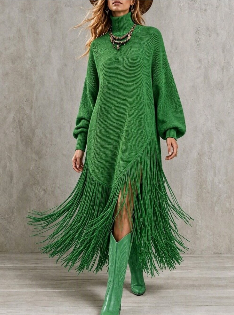Women High Neck Long Fringe Hem Drop Shoulder Long Sleeve Knit Sweater